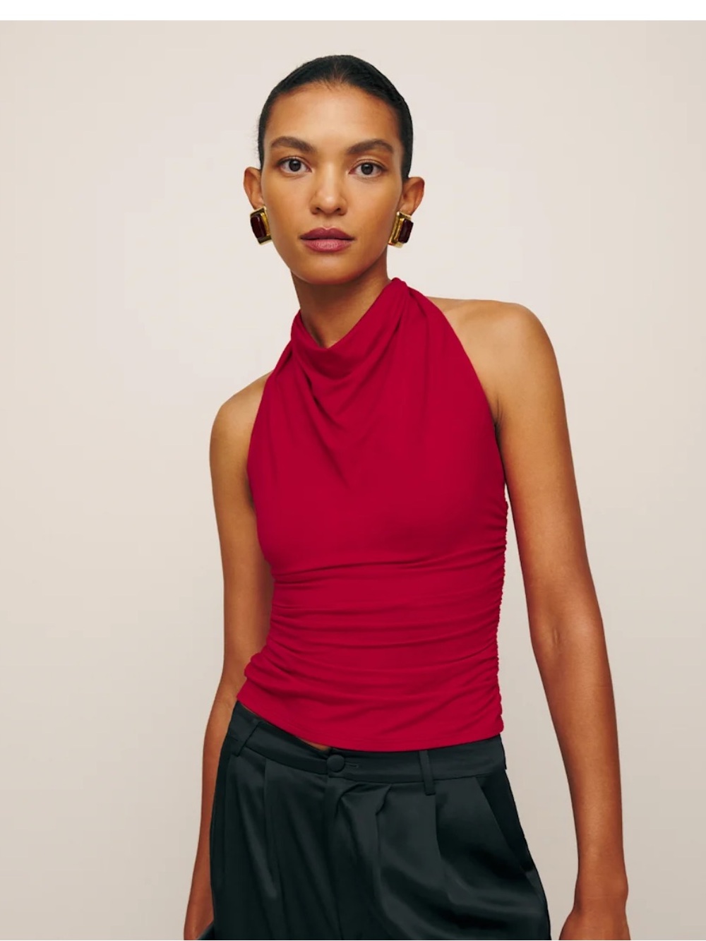 Reformation Red One-Shoulder Ruched Halter Top - Picture 2 of 3